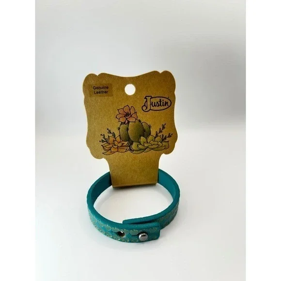 Justin Turquoise Gold Embossed Leather Cuff Bracelet - Picture 4 of 5